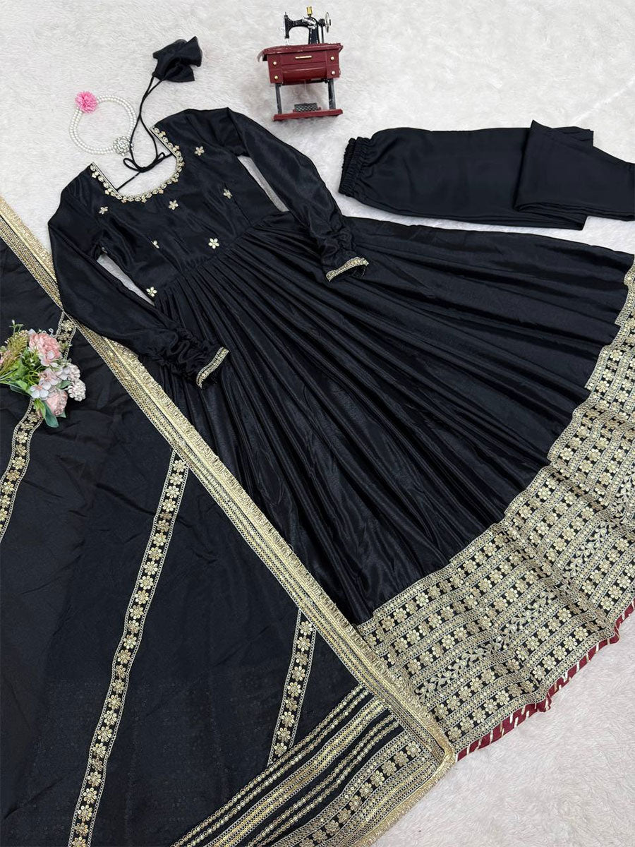 Black Evening Party Silk Anarkali Suit SFROY539201R
