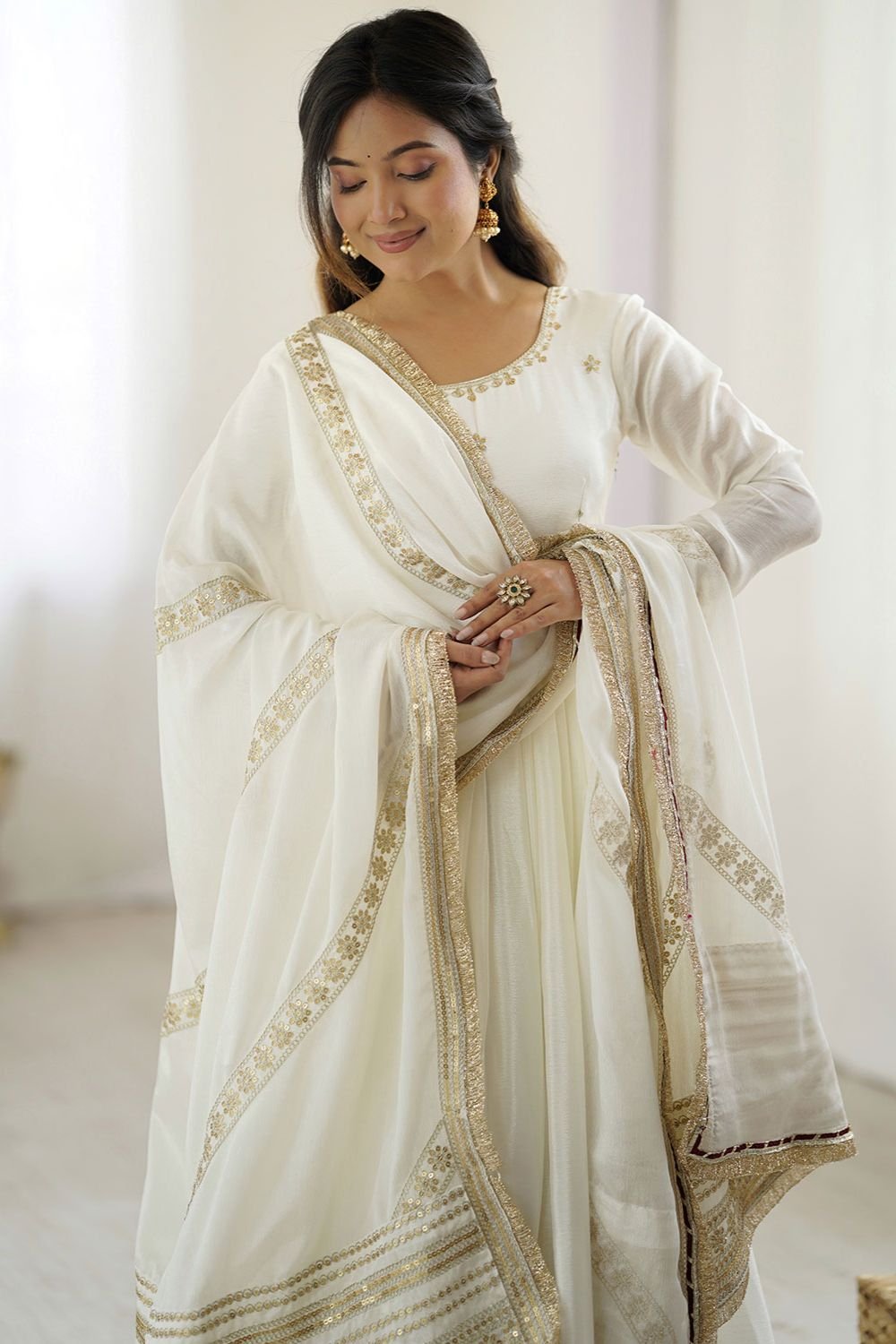 Off Evening Party Silk Anarkali Suit SFROY539202R