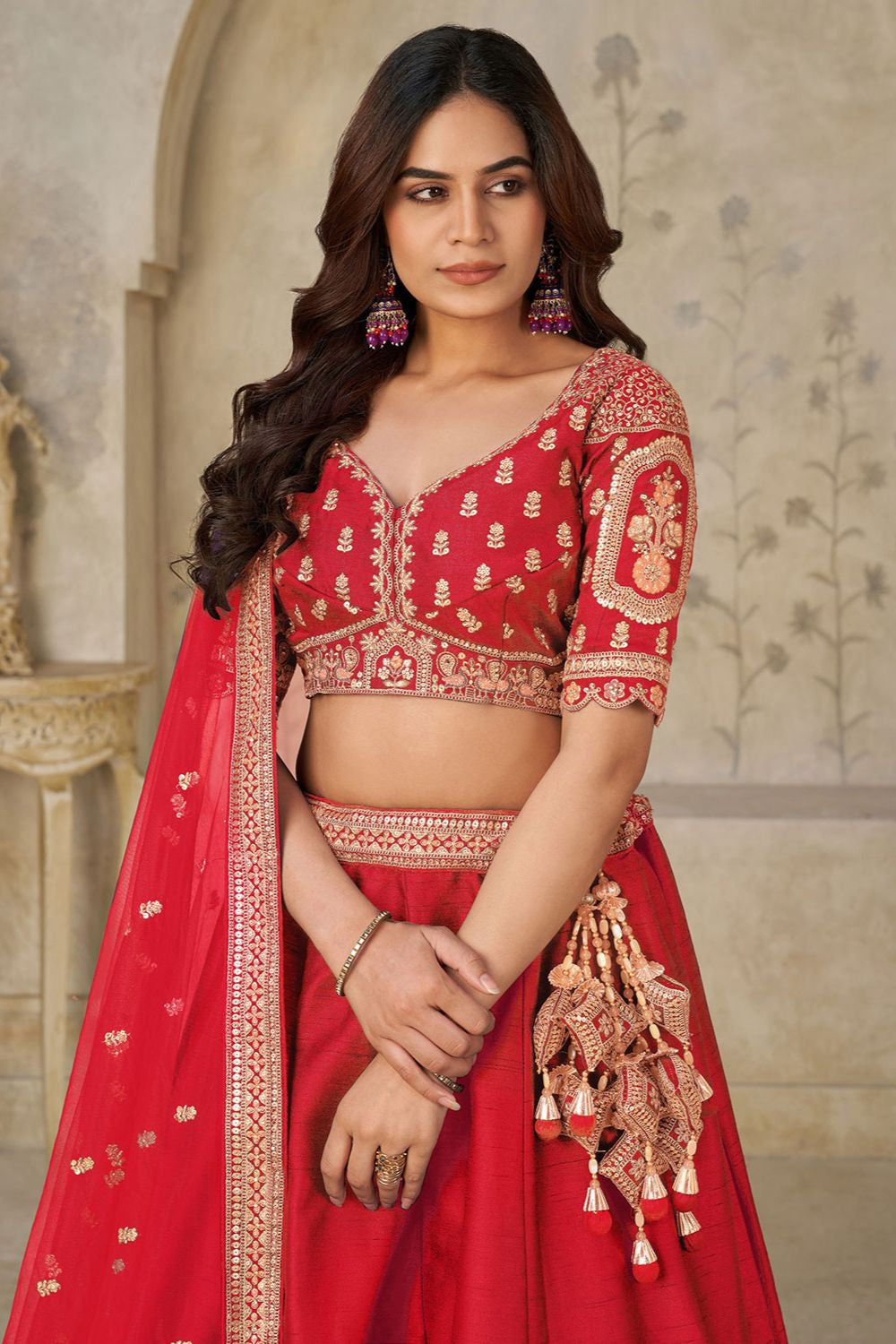 Red Silk Lehenga Choli - SFRELS6504