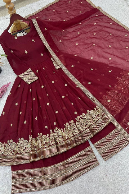 Captivating Maroon Heavy Silk Salwar Kameez Heavy Sequins SFROY544501R