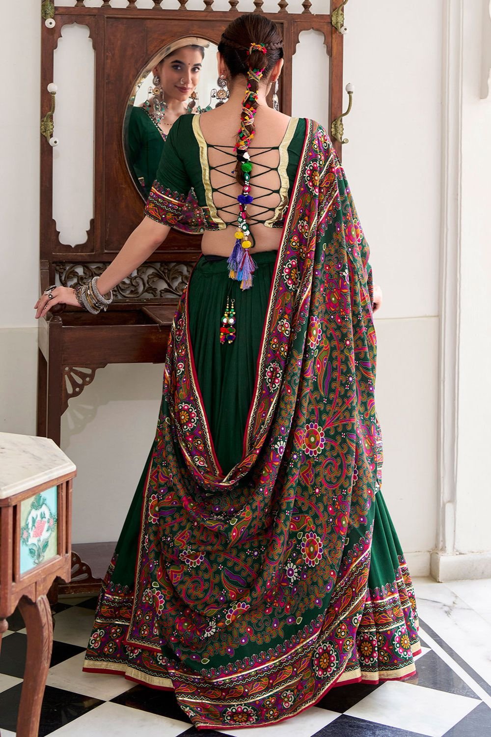 Green Tussar Silk Navratri Lehenga Choli SFROY548701R