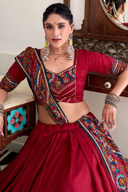 Red Tussar Silk Navratri Lehenga Choli SFROY548704R