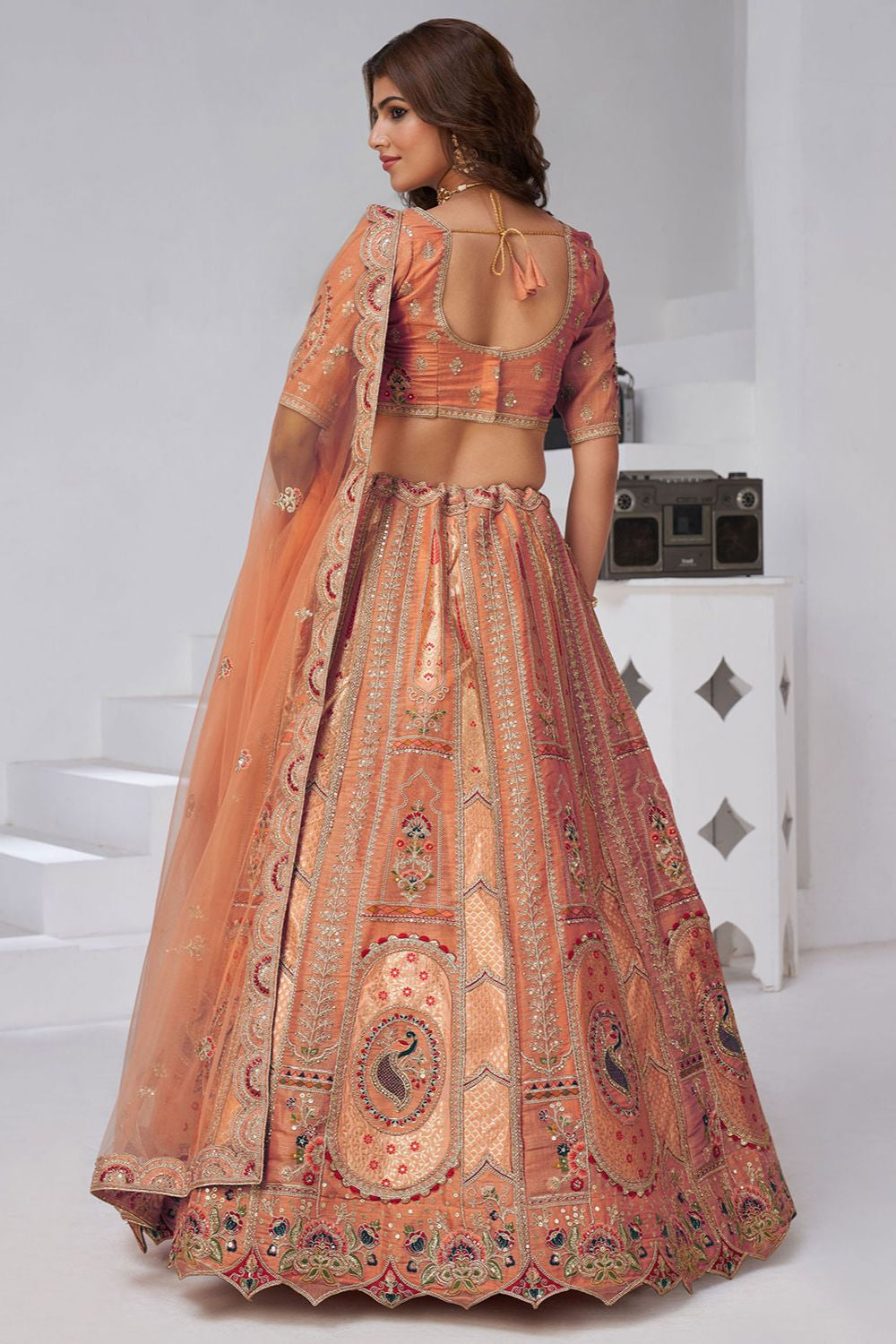 Orange Banarasi Lehenga Choli - SFRELS6523