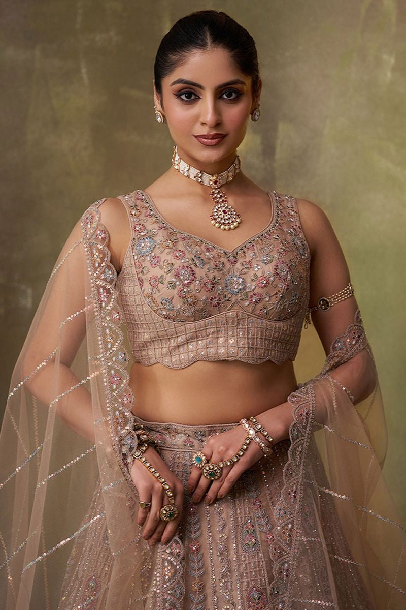 Beige Net Lehenga Choli - SFROY565712