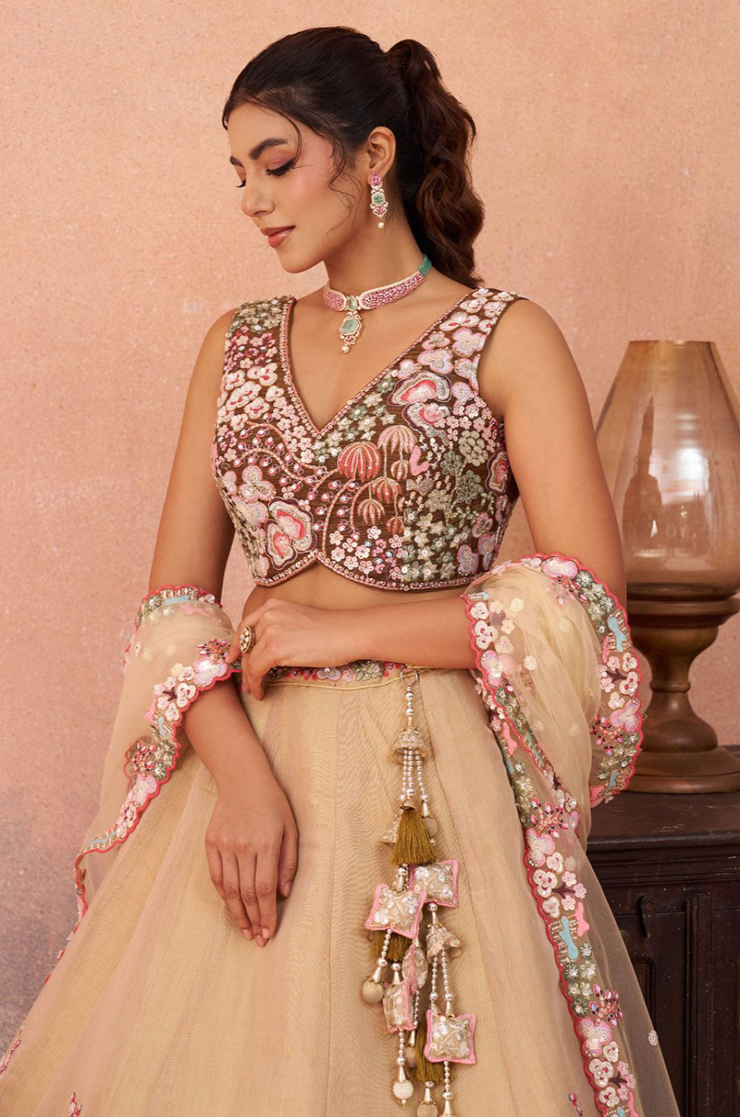 Beige Net Lehenga Choli - SFROY571703