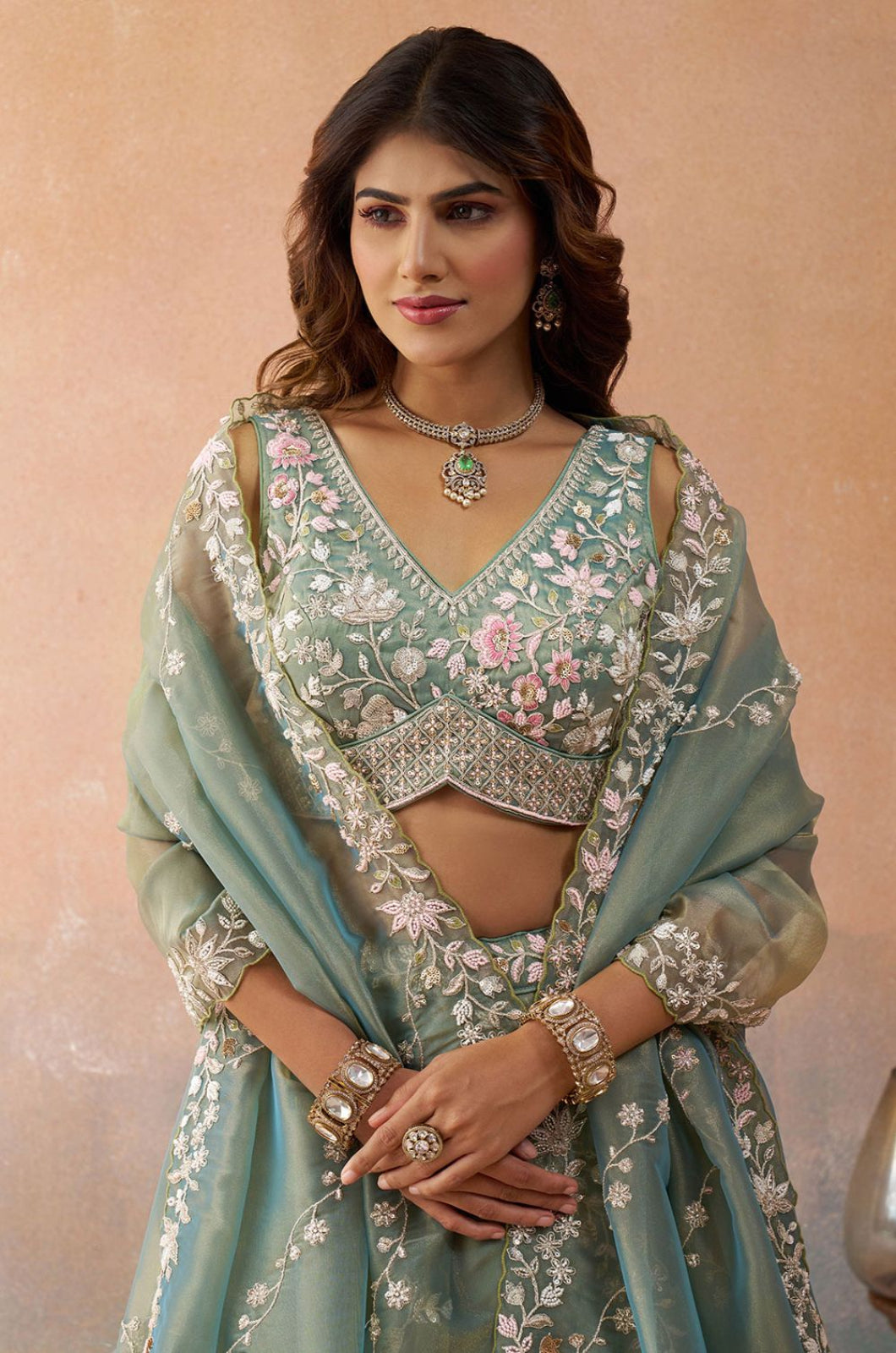 Green Tissue Lehenga Choli - SFROY571708