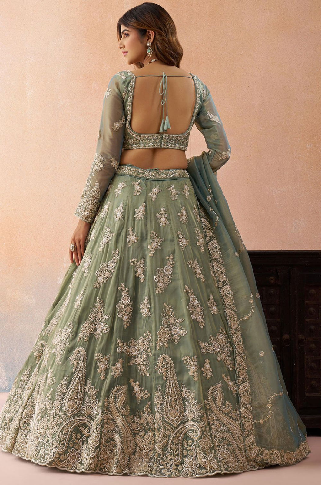 Green Tissue Lehenga Choli - SFROY571713
