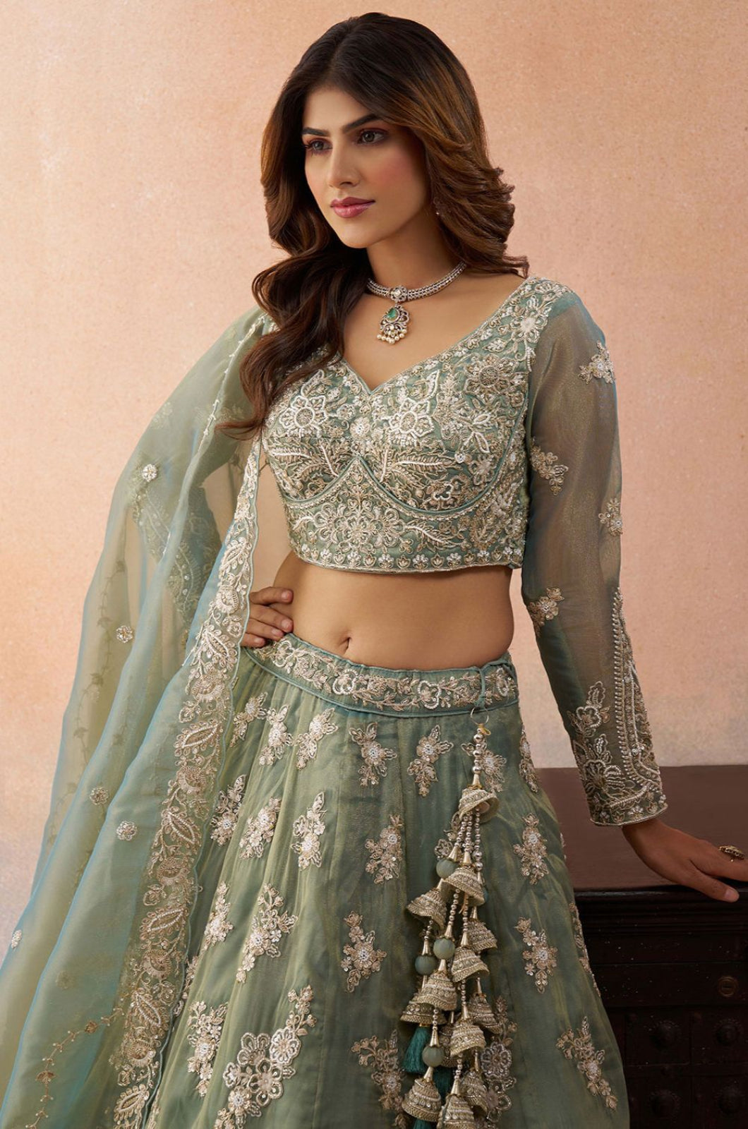 Green Tissue Lehenga Choli - SFROY571713