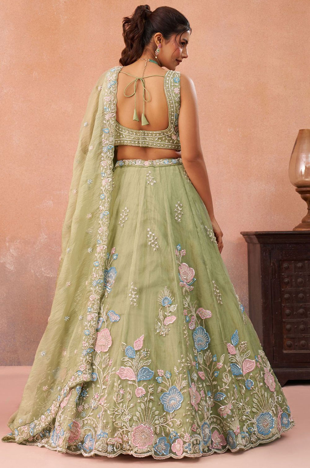 Green Tissue Lehenga Choli - SFROY571714