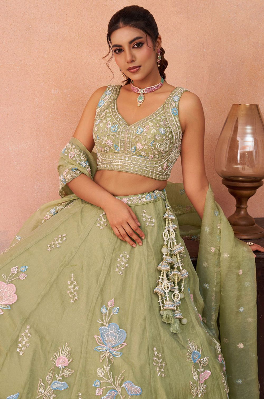 Green Tissue Lehenga Choli - SFROY571714