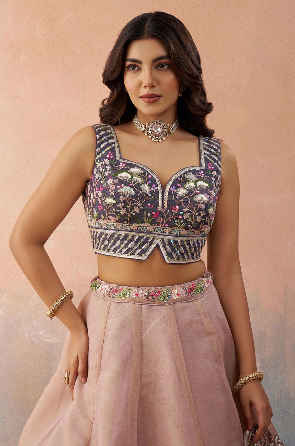 Beige Net Lehenga Choli - SFROY571716