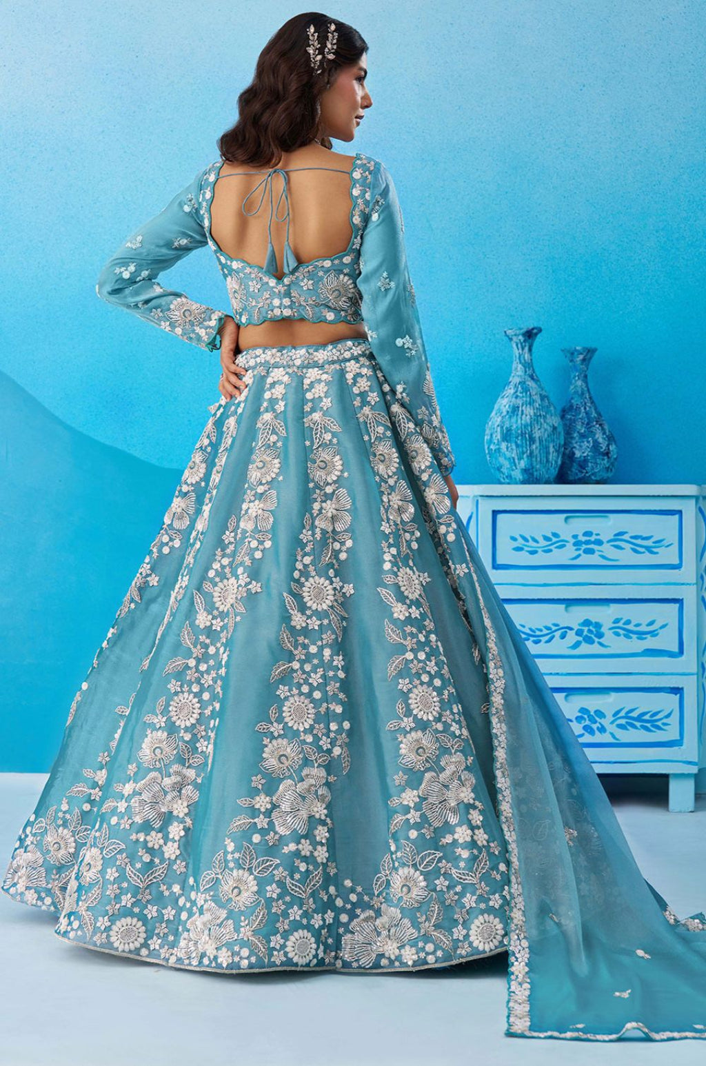 Blue Organza Lehenga Choli - SFROY571820
