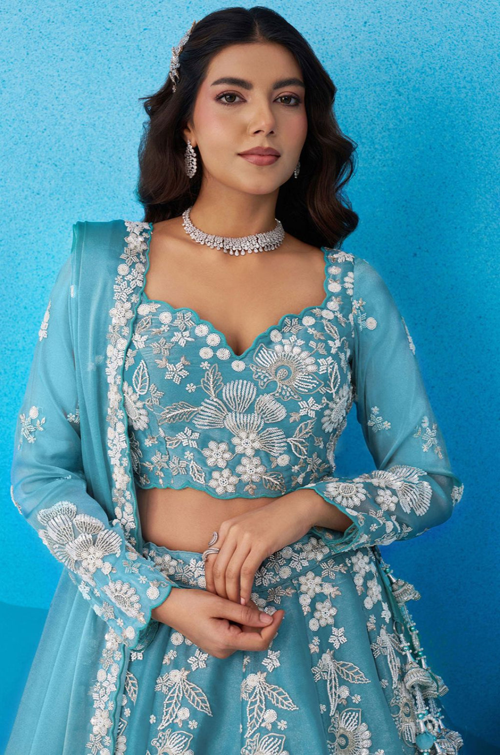 Blue Organza Lehenga Choli - SFROY571820