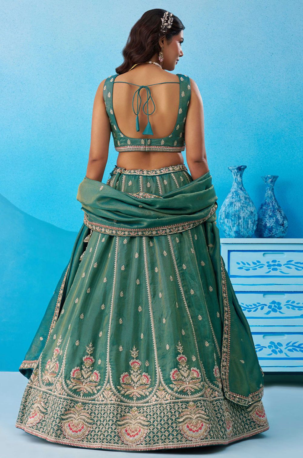 Green Tissue Lehenga Choli - SFROY571822