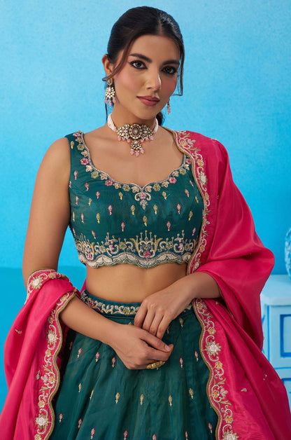 Green Silk Lehenga Choli - SFROY571824