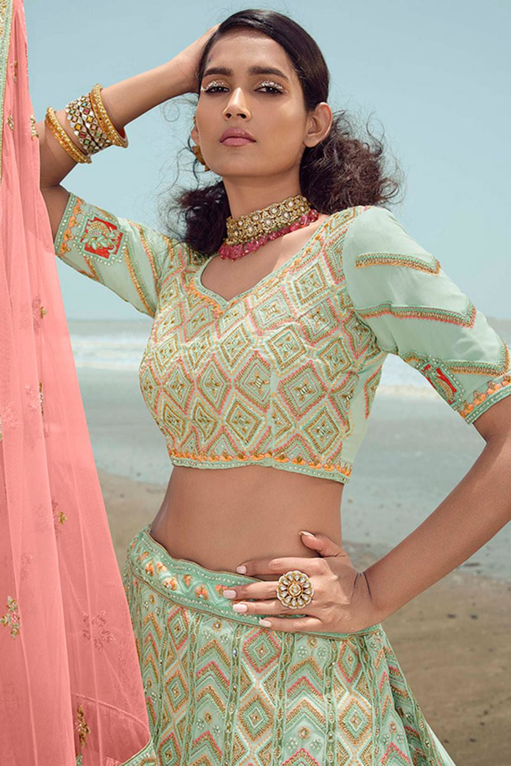 Green Georgette Silk Wedding Lehenga Choli SFARY15101