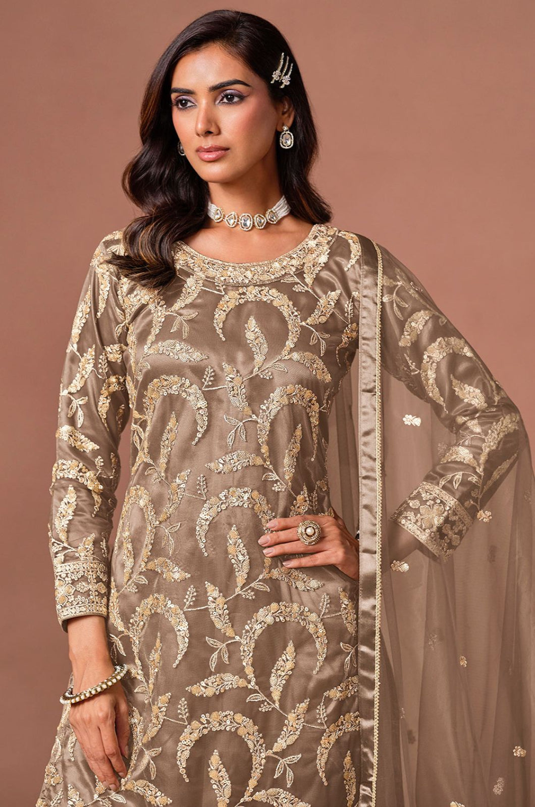 Grey Net Salwar Kameez - SFDFS39203R