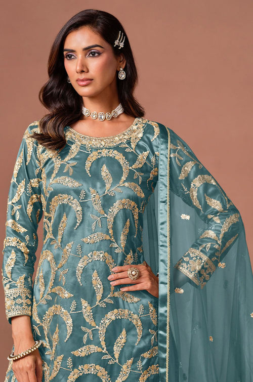 Blue Net Salwar Kameez - SFDFS39204R