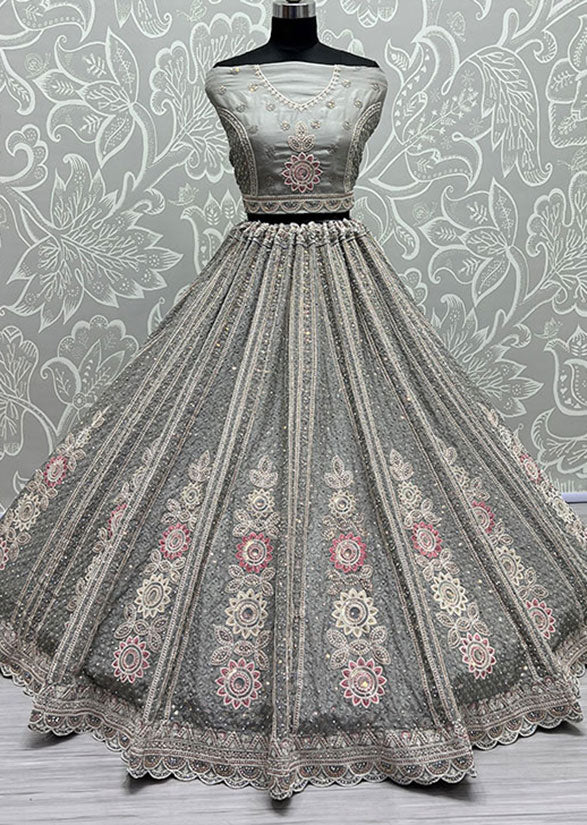 Regal Grey Velvet Wedding Reception Lehenga Set SFANJ2389