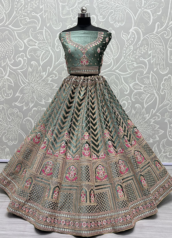 Regal Green Velvet Wedding Reception Lehenga Set SFANJ2466