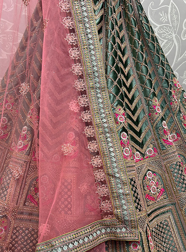Regal Green Velvet Wedding Reception Lehenga Set SFANJ2466
