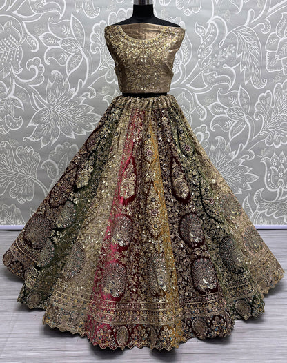 Beige Velvet Bridal Wedding Lehenga Choli SFANJ2938