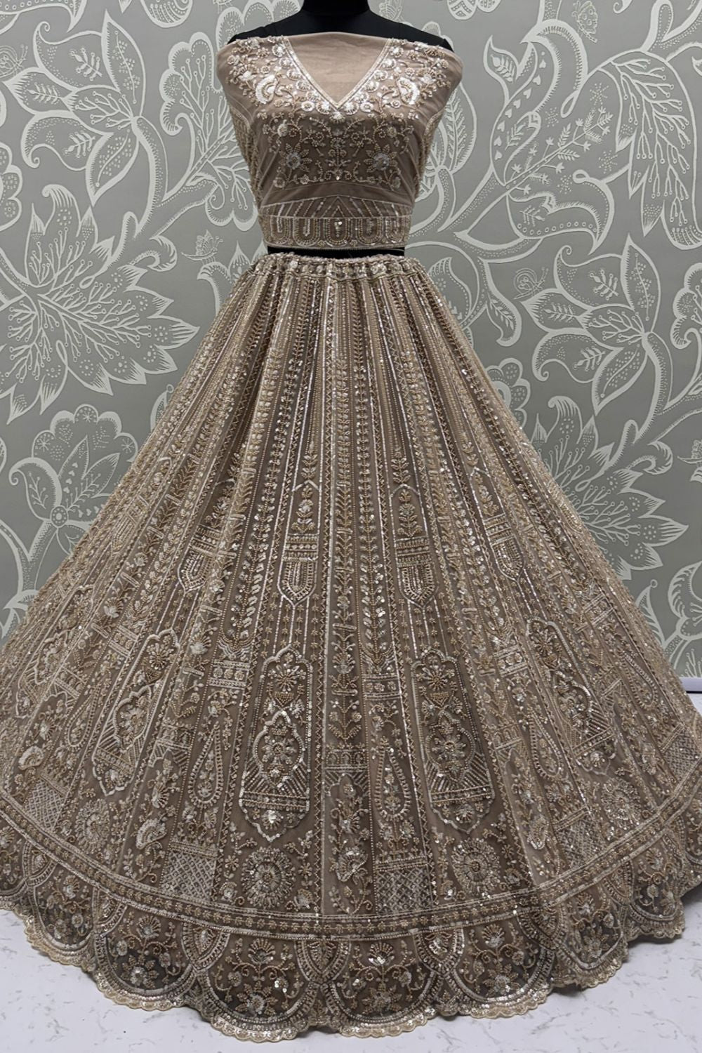 Beige Net Lehenga Choli - SFANJ3134