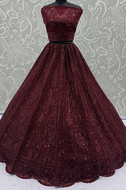 Maroon Bridal Net Lehenga Choli - SFANJ3135