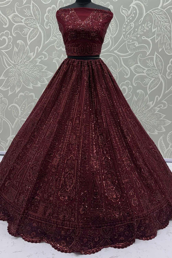 Maroon Bridal Net Lehenga Choli - SFANJ3135