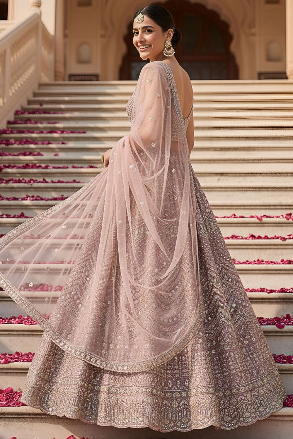 Pink Bridal Engagement Net Lehenga Choli  SFANJ3201