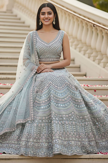 Blue Bridal Engagement Net Lehenga Choli SFANJ3202