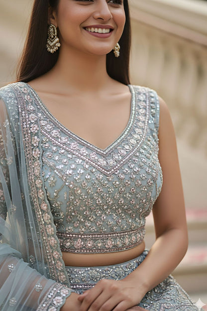 Blue Bridal Engagement Net Lehenga Choli SFANJ3202