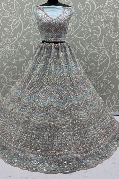 Blue Bridal Engagement Net Lehenga Choli SFANJ3202