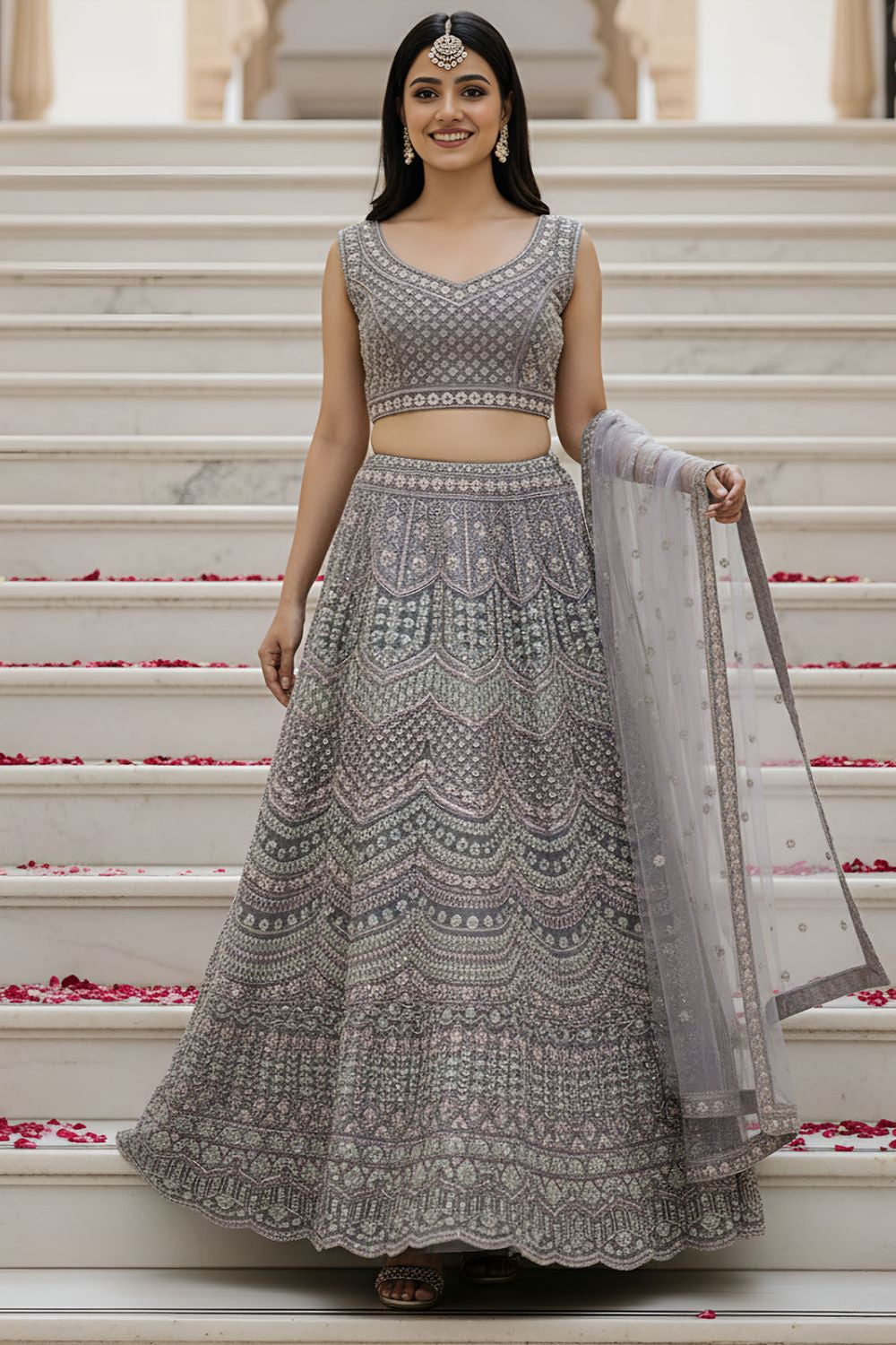 Grey Bridal Engagement Net Lehenga Choli SFANJ3203