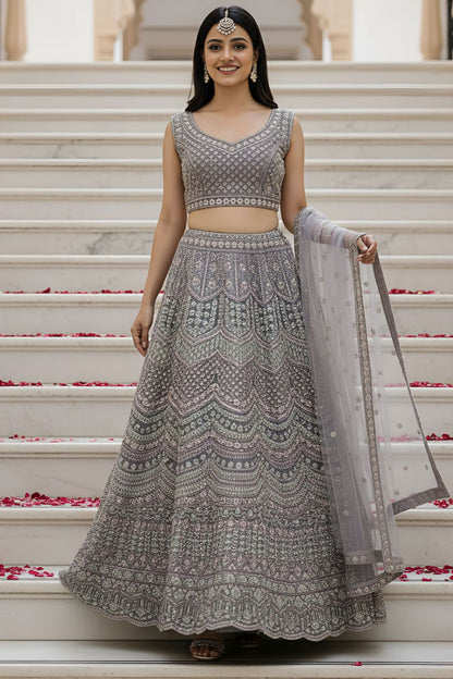 Grey Bridal Engagement Net Lehenga Choli SFANJ3203
