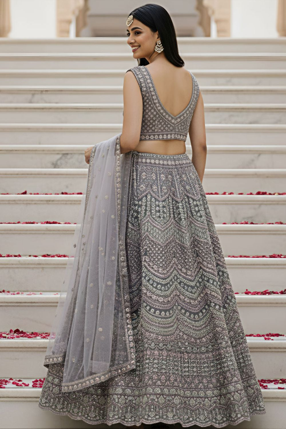 Grey Bridal Engagement Net Lehenga Choli SFANJ3203