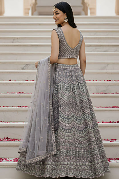 Grey Bridal Engagement Net Lehenga Choli SFANJ3203