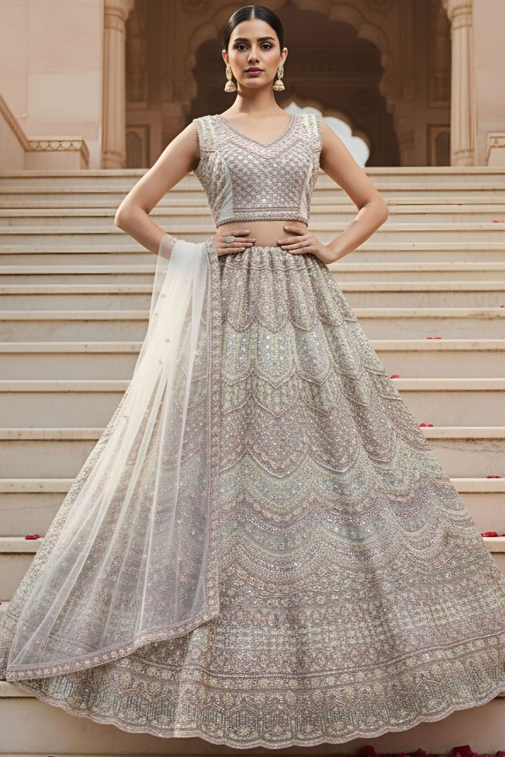 Off White Net Bridal Reception Lehenga Choli SFANJ3204