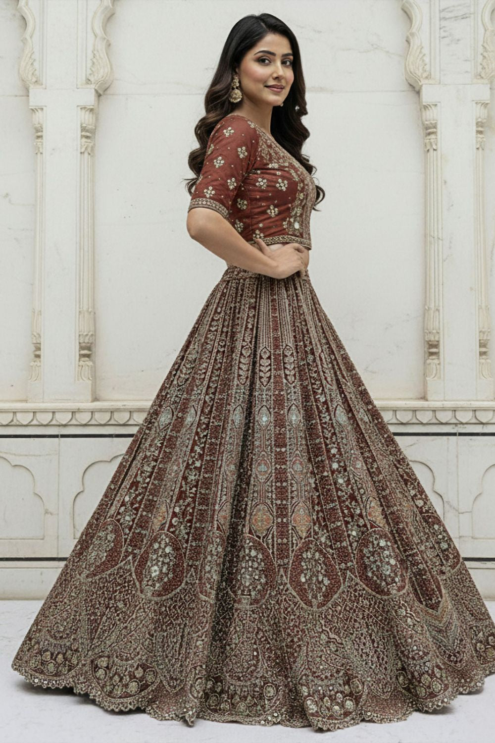 Brown Bridal Engagement Organza Lehenga Choli SFANJ3205