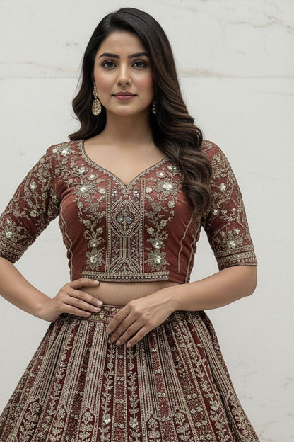 Brown Bridal Engagement Organza Lehenga Choli SFANJ3205