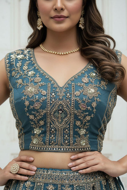 Firozi Bridal Engagement Organza Lehenga Choli SFANJ3206