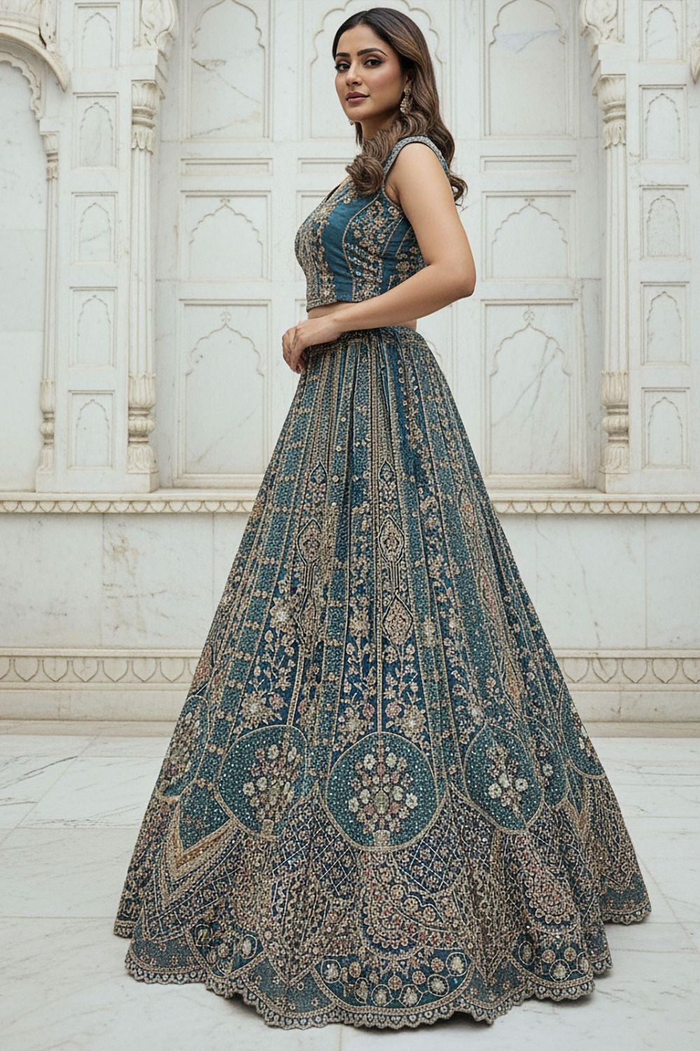 Firozi Bridal Engagement Organza Lehenga Choli SFANJ3206