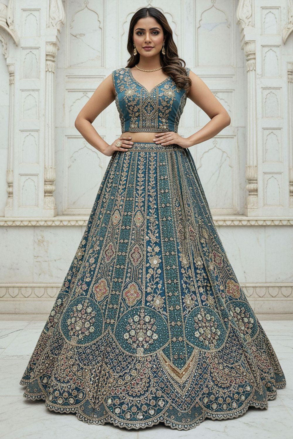 Firozi Bridal Engagement Organza Lehenga Choli SFANJ3206