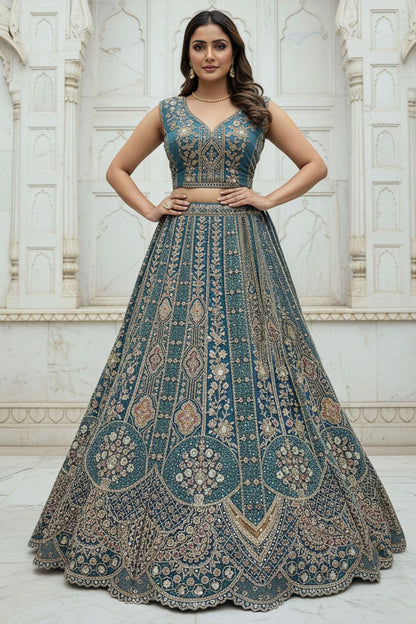 Firozi Bridal Engagement Organza Lehenga Choli SFANJ3206