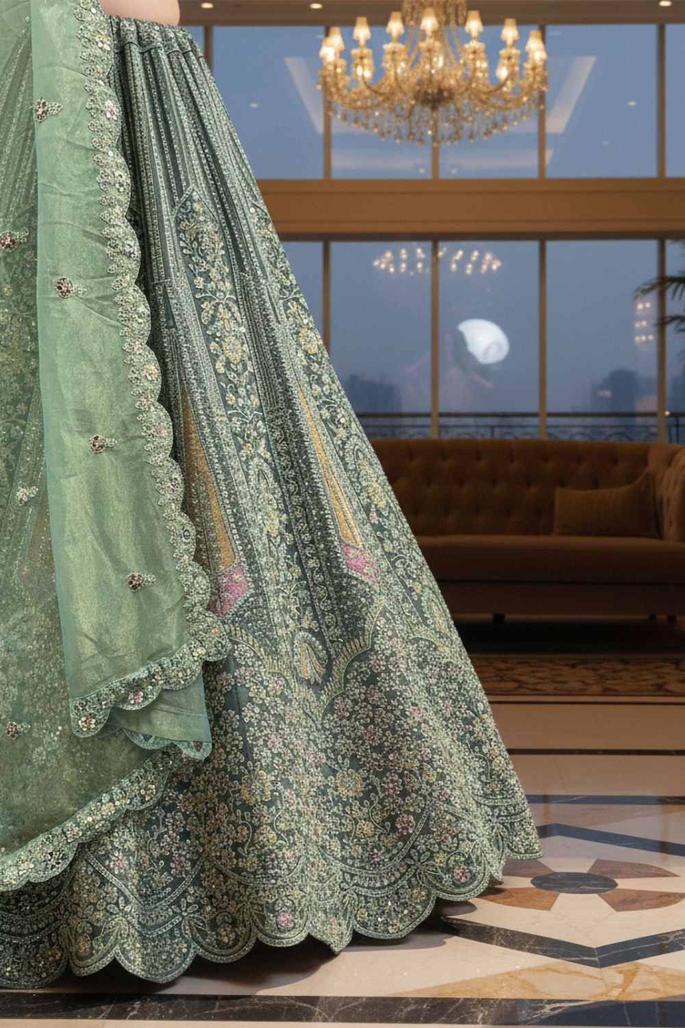 Green Net Lehenga Choli - SFANJ3214