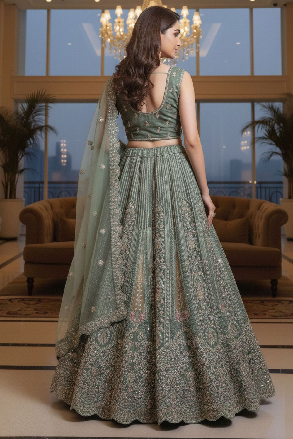 Green Net Lehenga Choli - SFANJ3214