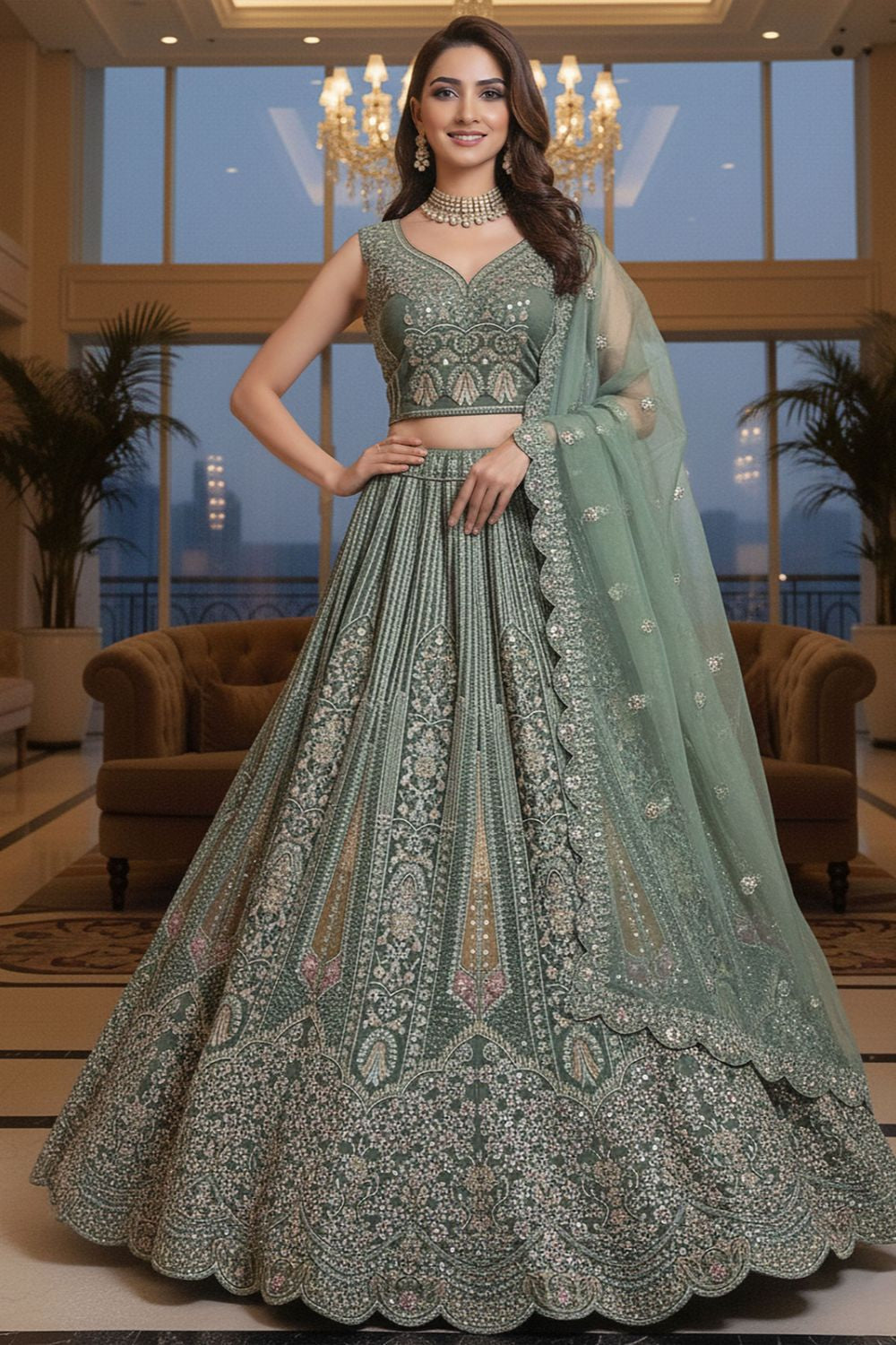 Green Net Lehenga Choli - SFANJ3214