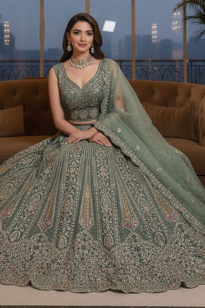 Green Net Lehenga Choli - SFANJ3214