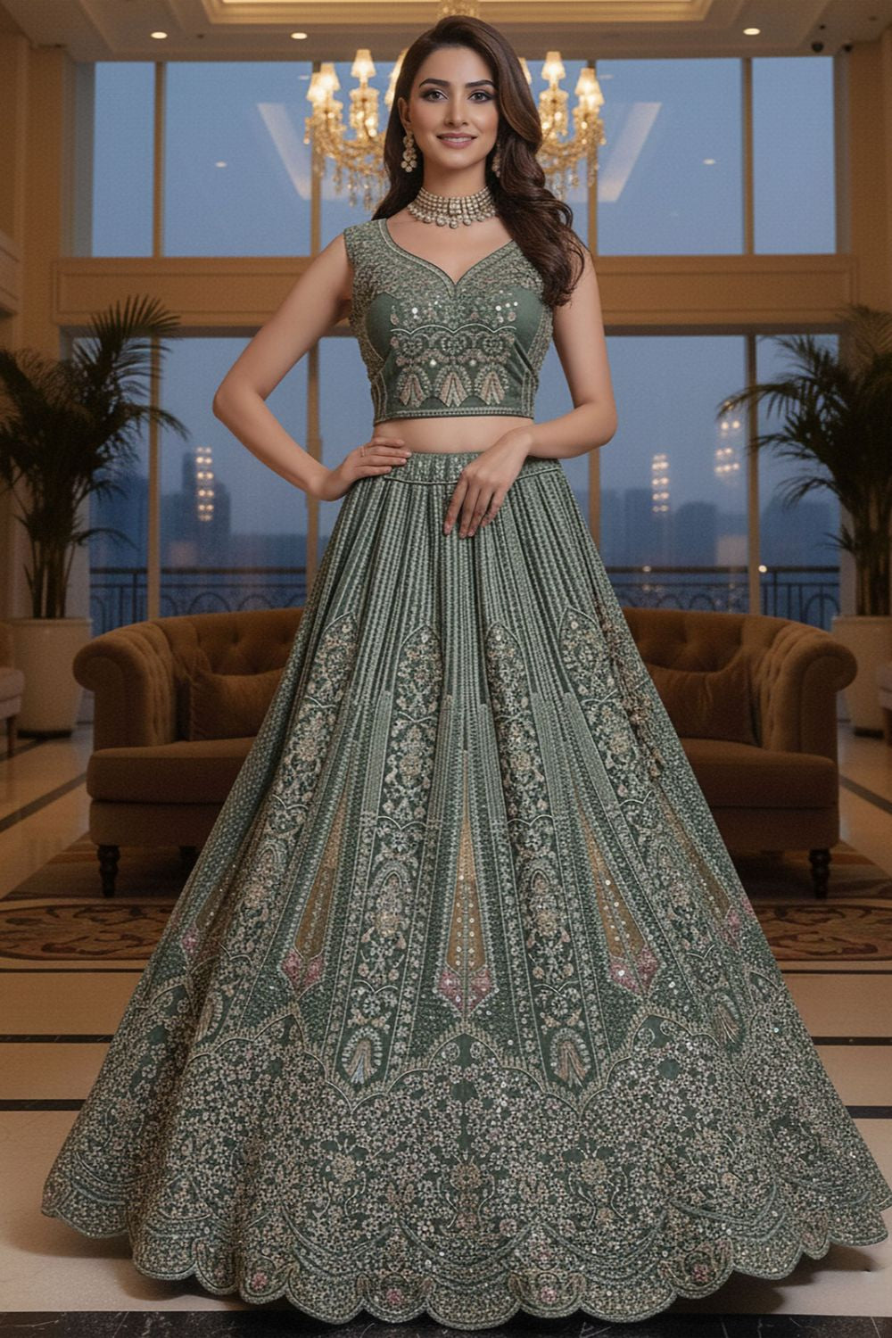 Green Net Lehenga Choli - SFANJ3214