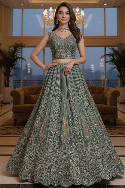 Green Net Lehenga Choli - SFANJ3214